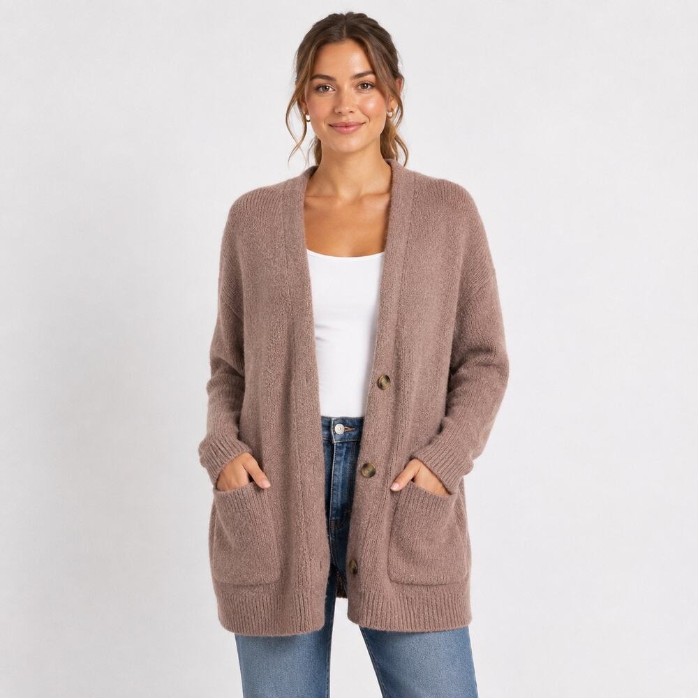 Elodie Knit Cardigan Sweater Small Brown Taupe Open Front Button Pockets